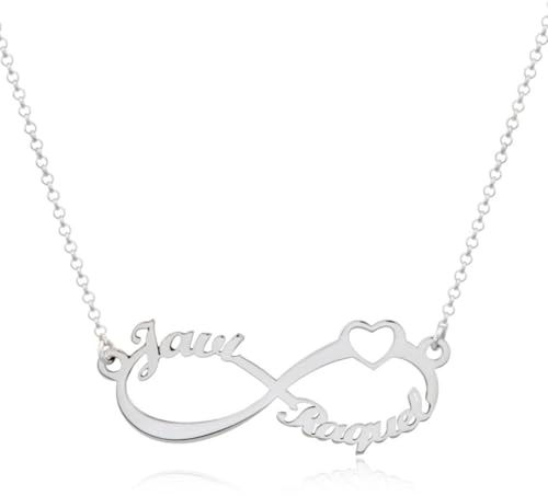 LUXFAN´S FANTASY DELUXE Collar Infinito Personalizado en Plata de Ley 925 con Corazón y Nombres personalizable para regalar con cadena Rolo de 40 cm + Alargador.