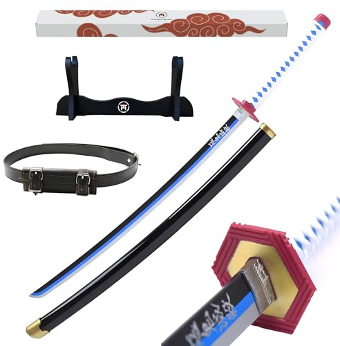 Hashiman - Katana Demon Réplique Manga Sabre + Support Epée Bois + Ceinture - Catana Japonais Cosplay Décoration Jouet Enfant Adulte - Jeu Déguisement Deco Ninja (Giyu Tomioka)