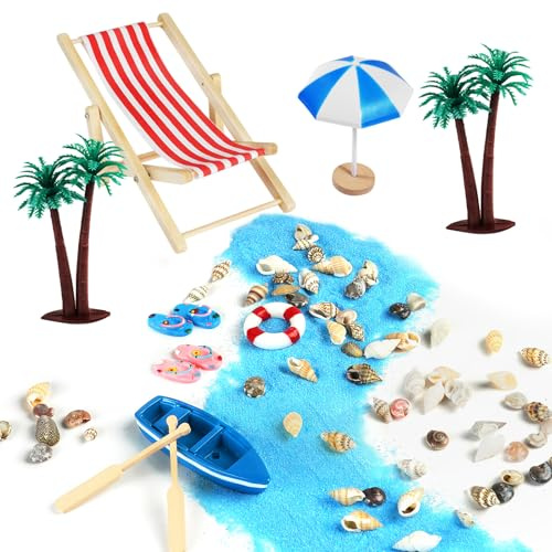 Aolso Beach Micro Landscape, Pack of 12 Miniature Decoration Mini Beach Decorations, Mini Beach Chair Small Palm Tree Seashell Lighthouse Boat Decorative accessories