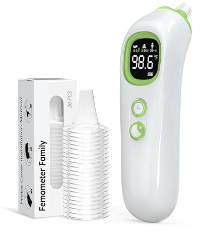 Ear Thermometer with Heated Probe, High Accuracy Thermometer for Kids, Adults and Babies with 32 Memory Recall, Mute and Night Light, Includes 21 Disposable Probe Covers, Storage Box,
