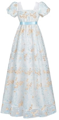 LTAKK Regency Dress Women Regency Costume Empire Waist Dresses Tea Party Victorian Gown Embroidery, Blue Gold, S