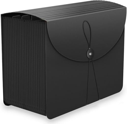 Vanulee 25 Pockets File Organiser Box File Folder,Document Organiser Concertina File Expanding Filing Folders for A4 Paperwork,Paper Bills Receipt Organiser,Black