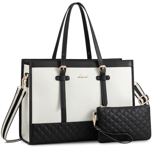 LOVEVOOK Laptoptasche 17,3 Zoll Handtasche Damen, Arbeitstasche Lehrertasche Aktentasche, Shopper Handbags for Women, Schultasche Groß, Tote Bag Business Tasche für Büro Uni Arbeit, Schwarz-Weiß