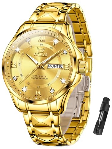 OLEVS Goldene Herrenuhr Edelstahl Luxus Diamant Kleid wasserdichte Armbanduhr für Herren Leuchtende Stylish Quarz Analog Uhren Herren mit Datum Grosse Zifferblatt Uhren Männer Metallarmband Geschenke
