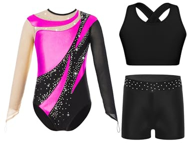 FEESHOW Mädchen Gymnastikanzug Langarm Mit Kurze Hose Und Tank Top Patchwork Glitzer Turnanzug Kinder Gymnastik Tanzkleidung A_Hotpink 146-152