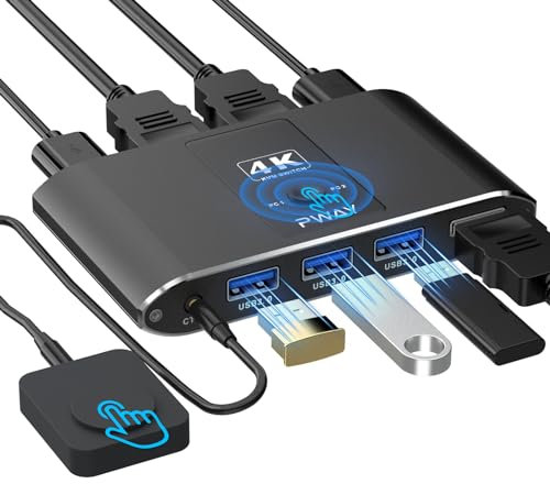 4K USB 3.0 KVM Switch HDMI 2 Port, 4K@60Hz HDMI KVM Switch 1 Monitors 2 Computers mit 3 USB3.0 Ports Sharing Tastatur/Maus, mit Desktop Controller und 2 USB Kabeln, Plug and Play