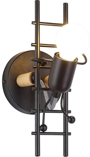 Alpinaluz Applique da parete decorativo per bambini E27 – Design originale con bambolotto scalatore e scala in metallo nero e legno – Stile divertente e moderno per camera da letto, corridoio o