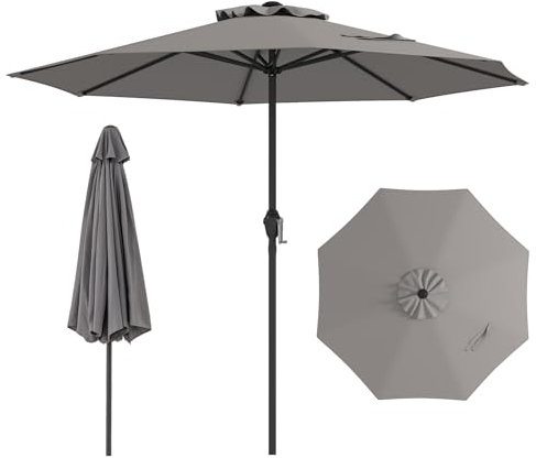 GOPLUS 2,6M Parasol de Terrasse, Parasol de Jardin Exterieur avec Manivelle, 8 Baleines Robustes, Dessus Ventilé, Protection Solaire, pour Arrière-Cour, Bord de Piscine, Base Non Incluse (Gris)