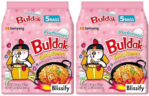 Blissify - Korean Import Hot Chicken Flavour Carbo nara Noodles - Fire Fried Super Hot Spicy PINK Noodle (128g x 10) - HALAL - By Buldak