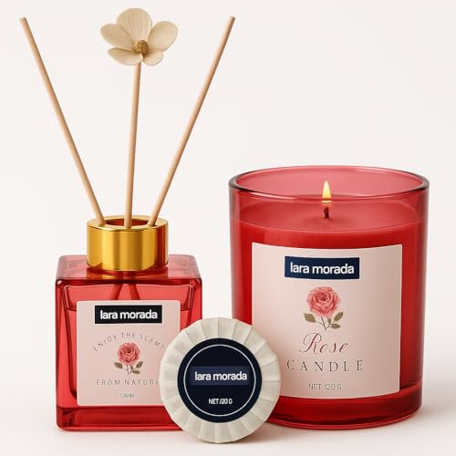 Set Profumatore per Ambiente 3 in 1 – Diffusore Bastoncini 100ml, Candela 120g, Saponetta 20g – Idea Regalo Elegante, Fragranza Duratura per Casa, Bagno, Ufficio (Rose)