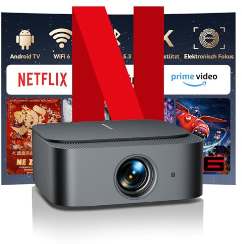 Beamer 4K【Official Netflix & Remote Focus/Trapezkorrektur】 25000 Lumens Beamer 4K Heimkino Unterstützt, WiFi Bluetooth Smart Projektor Full HD 1080P, Video Projektor Android mit YouTube/Prime Video