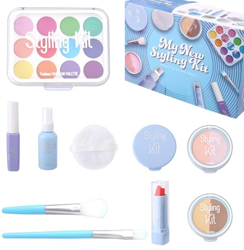 lasuroa 10 pezzi Trucco Finto Bambina, Realistico Set Trucco Finto Bambina Giocattolo Cosmetico per Bambine 3-5 Anni Natale Regalo di Compleanno (Blu)