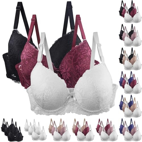 Lot De 3 Soutiens-Gorge avec Armatures Grande Taille Push-Up Dentelle Femme Confort Sexy Classique Bretelles Réglables Lingerie pour Sport Et Quotidien