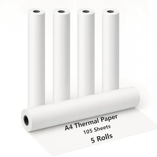 5 Rollen Thermopapier A4 für Tragbaren Drucker, 21cm x 6.2m, Thermodrucker Papier, A4 Thermopapier, BPA-freies Thermal Paper, für Fehlerdruckpapier, Miau-Maschine-Papier, Datei Webseite Fotodruck