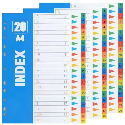 3 Piezas Separadores Archivador A4 Plastico de Colores, Separadores A4 Cartulina 1-20 Parte Numerada con 11 Agujeros, para Carpeta, Organización de Documentos y Oficina, 225x297mm