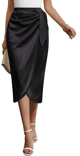 Bsubseach Women Satin Midi Skirt Wrap Front Silk High Waist Ruched Skirts Cocktail Party Wedding Elegant Skirt Black