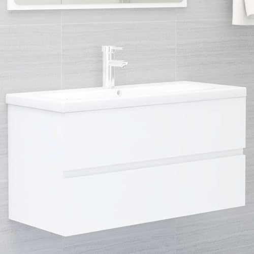 Runheo Tvättställsskåp, vitt, 90 x 38,5 x 45 cm, trämaterial, badrumsskåp med 1 låda, handfatsskåp, under diskbänk, modern design för badrum