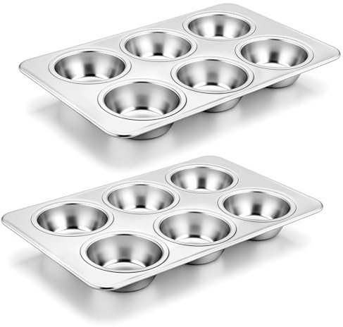Onader Muffin Tin Set of 2, Stainless Steel 6 Cup Yorkshire Pudding Tray Cupcake Pan, Ideal for Baking Muffin, Mince Pie, Brownie, Quiche, Non-Toxic & Heavy Duty, Oven & Dishwasher Safe