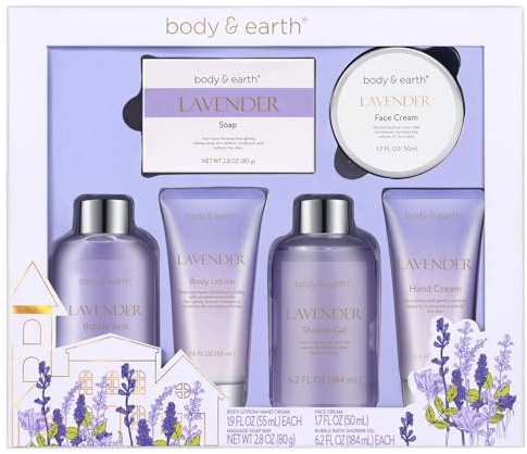 BODY & EARTH Bath Spa Gifts for Women Shower Gift Sets 6Pcs Lavender Toiletries Gift Sets for Mum Luxurious Pamper Gifts for Women Birthday Gifts for Her Mother Day Valentine's Gifts Ladies Gift Set
