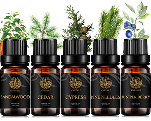 Aromatherapy Woody Essential Oil Set for Diffuser, 100% Pure Sandalwood Essential Oil, 5x10ml Therapeutic Grade Cedar Oil Set for Diffuser -Juniper Berry, Pine Needles, Cypress, Sandalwood, Cedar Oil