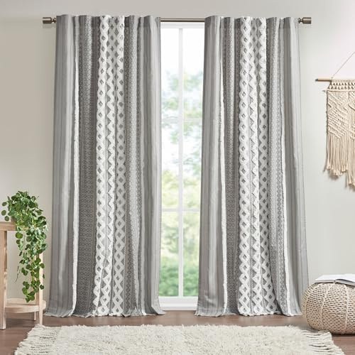 INK+IVY Imani 100% Cotton Single Panel Curtain Tufted Chenille Stripe Geometric Print Mid-Century Look Rod Pocket Top Drape for Living Room, Privacy Window Treatment for Bedroom, 50 x 84, Grey
