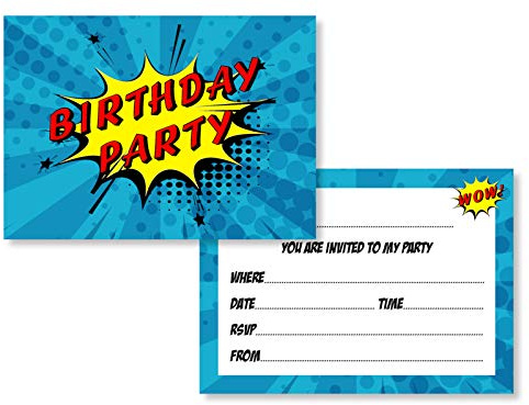 PartiKraft 12 x Comic Superhero Style Birthday Party Invitations (Invitations Only)