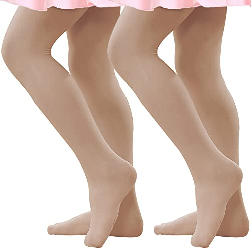 danswan 2 Pack Girls Ballet Dance Tights Footed Ballet Legging Stocking (Caramel, Child Age 8-10)