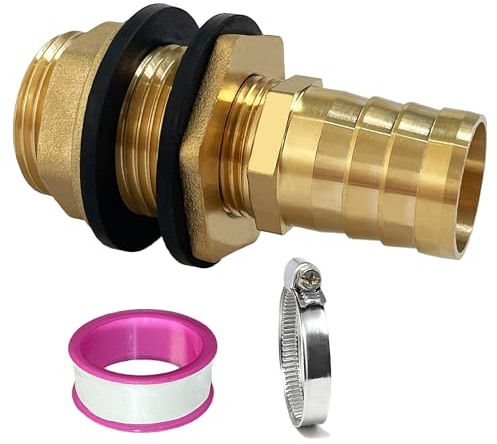 Tankdurchführung mit Tülle Messing Regentonnendurchführung 3/4 IG 1 AG + Schlauchtülle 25mm, Tankverschraubung Faßverschraubung mit 2 Dichtungen für Regenfass, Wassertanks, Zisternen