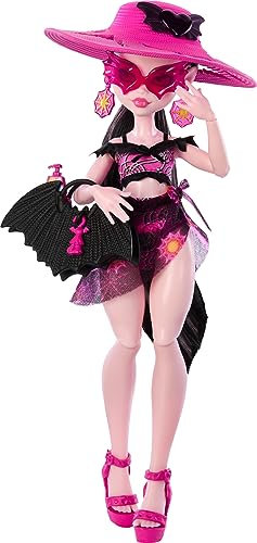 Monster High Scare-adise Island - Muñeca Draculaura con traje de baño, pareo y accesorios de playa como sombrero, protector solar y bolsa