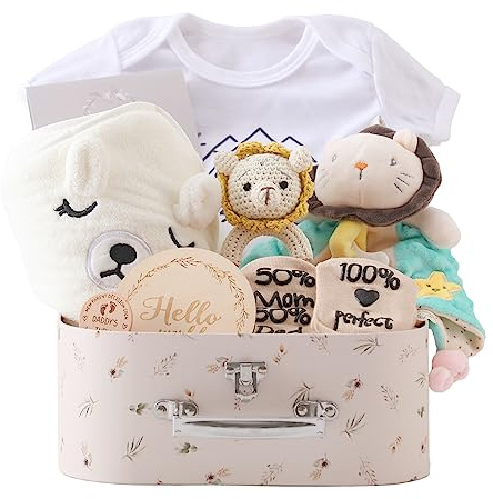 Promise Babe Baby Presentuppsättning,Nyfödd Födelse Baby Present Baby Badhandduk Milstolpe Baby Filt Rompers Strumpor Baby Trä Virkad Clutching Skallra Leksak Foto Requisten (För Pojke Flicka)
