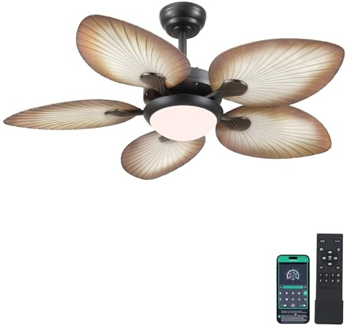Wiviniya Tropical Ceiling Fans with Lights, 44 Inch Palm Leaf Outdoor Ceiling Fan with Light for Patios Porch Bedroom, Remote/APP Control, Reversible Quiet DC Motor, Dimmable LED, Wood Grain