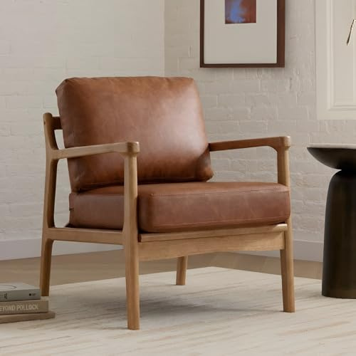 Ya-Home Retro Accent Chair in PU Leather Occasional Lounge Chair with Wood Frame, Leisure Tub Chair Comfy Armchair for Living Room/Bedroom, Brown