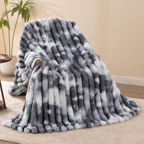 Vamcheer Soft Faux Rabbit Plush Blanket - Super Warm Cozy Tie - Dye Blanket, Warmth for Cold Days, Perfect for Sofa & Bed Aesthetic, Grey, 150X200CM
