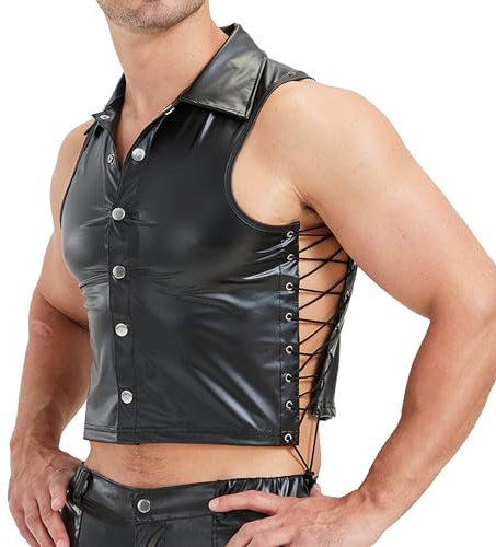 YUFEIDA Men's Faux Leather Undershirts Sleeveless Tank Tops Muscle Fit Waistcoat Tops Fashion Undershirts