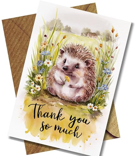 Wildflower Design Premium Quality Thank You Card – Cute Hedgehog Illustration Holding a Flower – Thank You So Much – Large A5 Size 9 x 6 Inches Greeting Card – Blank Inside with Kraft Envelope