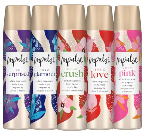 Impulse Body Spray Giftset for Women, 5 x 75ml Bundle – Be Surprised, Instant Crush, Into Glamour, True Love & Very Pink – Long Lasting Deodorant Body Spray Fragrance Collection