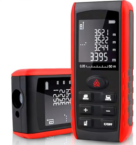 Retoo Laser Entfernungsmesser 50 m – Digitales Messgerät mit Wasserwaage & Winkelmesser, ±1,5 mm Genauigkeit, Hintergrundbeleuchtetes Display, m/in/ft Umschaltung, 2X AAA Batterie