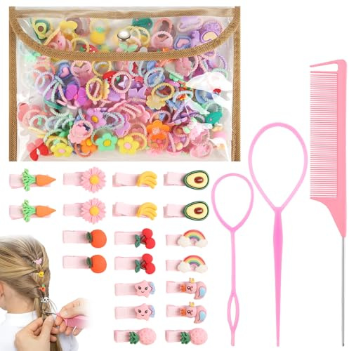 Hårsnodd set 100 stycken, hårsnoddar för flickor med hårspännen och flätverktyg, barnhårband liten med förvaringsväska, babyhårsnodd flätgummi set för flickor kvinnor