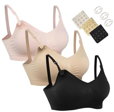 HOFISH Damen Still-BHS nahtlos – 3er Pack Bralettes für Schwangerschaft & Stillzeit, mit BH-Verlängerungen & Clips, volle Abdeckung, Pink/Schwarz/Beige, Größe S