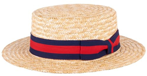 ZAKIRA Classic Straw Boater Hat Handmade from Natural Straw (Navy-Red-Navy Band, S)