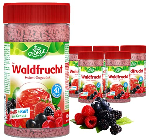 KING GEORGE - Royal Tea Time, Waldfrucht Instantgetränk 6 x 400 g, Heiß & Kalt ein Genuss, Instantteegetränk mit Waldfruchtgeschmack, ergibt bis zu 4 l, Schwarzteeextrakt…