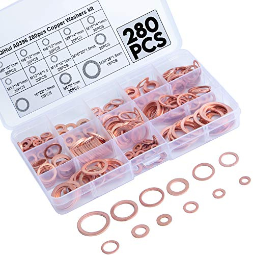 280er Flache Kupferringe Kupferdichtringe Dichtringe Set Dichtungsringe Unterlegscheibe Kupferscheibe Sortiment in 12 Größe M5 M6 M8 M10 M12 M14 M16 M20