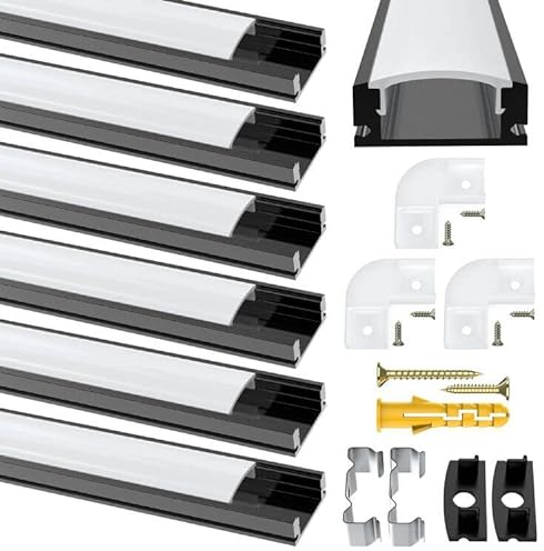 Schwarz LED Streifen Profil, 6 Pack Aluminium Kanal Schwarz Schiene Eckprofil mit Milchiger Weißer Abdeckung, Endkappen, Montage Clips und 90 Grad Eckverbindern für LED Streifen Lichter Diffusor