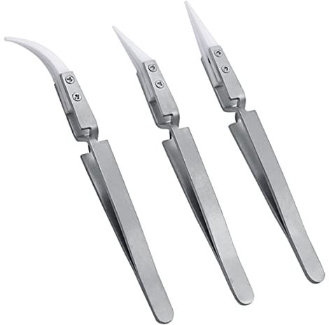 Treki 3PCS Pinzas de Cerámica Pinzas de Precisión de Acero Inoxidable Pinzas Curvas Antimagnéticas para Manualidades y Cocina Resistentes al Calor Antiácidos Estática Electrónica