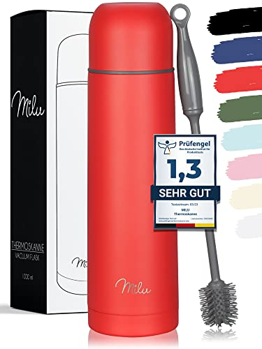 Milu Vacuum Insulated Flask 1L, 750ml, 500ml - Thermo Water Drinking Bottle with Cup for Hot & Cold Drink - Stainless Steel, 100% Leak-Proof (Red, 500ml)