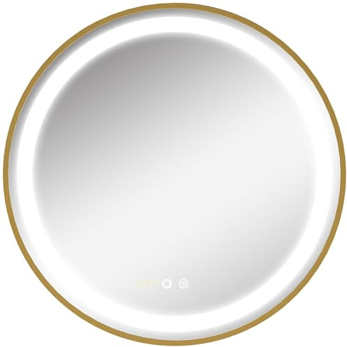 kleankin Round Bathroom LED Mirror, Dimmable Lighted Wall-Mounted Mirror with 3 Temperature Colours, Time Display, Memory Function, Hardwired, Gold