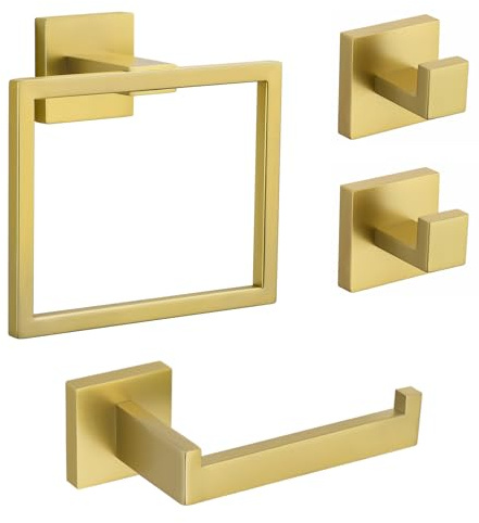 TURS Brushed Gold Bathroom Accessories Hardware Set,4 Pieces Towel Ring Contemporary Style Stainless Steel 304 Towel Rail+Toilet Roll Paper Holder+Hook*2, Wall Mounted (Brushed Gold)