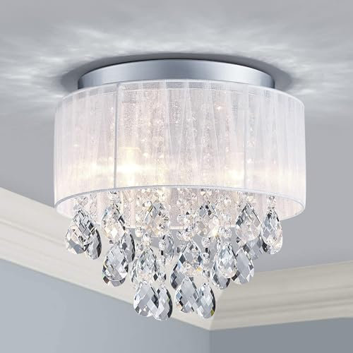 SHRINE Lighting Kristall-Kronleuchter, modernes Design, Deckenleuchte für Wohnräume, D33 x H28cm, E14*3 Fassungen, weißer Stofflampenschirm & Rahmen mit Chrom-Finish