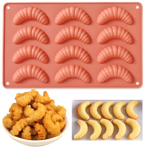 Fchil Mini Croissants silikonform, 12-hålighet non-stick halvmåneformad chokladbakform, larvformad julkakform för kakor gelé godis (27,4 x 16,5 x 1,5 cm), terrakotta