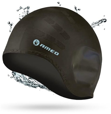 AMEO Ear Protection Silikon-Badekappe – Swim Cap elastisch & strapazierfähig – Ideal für alle Kopfgrößen – wasserdichte Schwimmhaube für optimalen Schutz der Ohren, schwarz